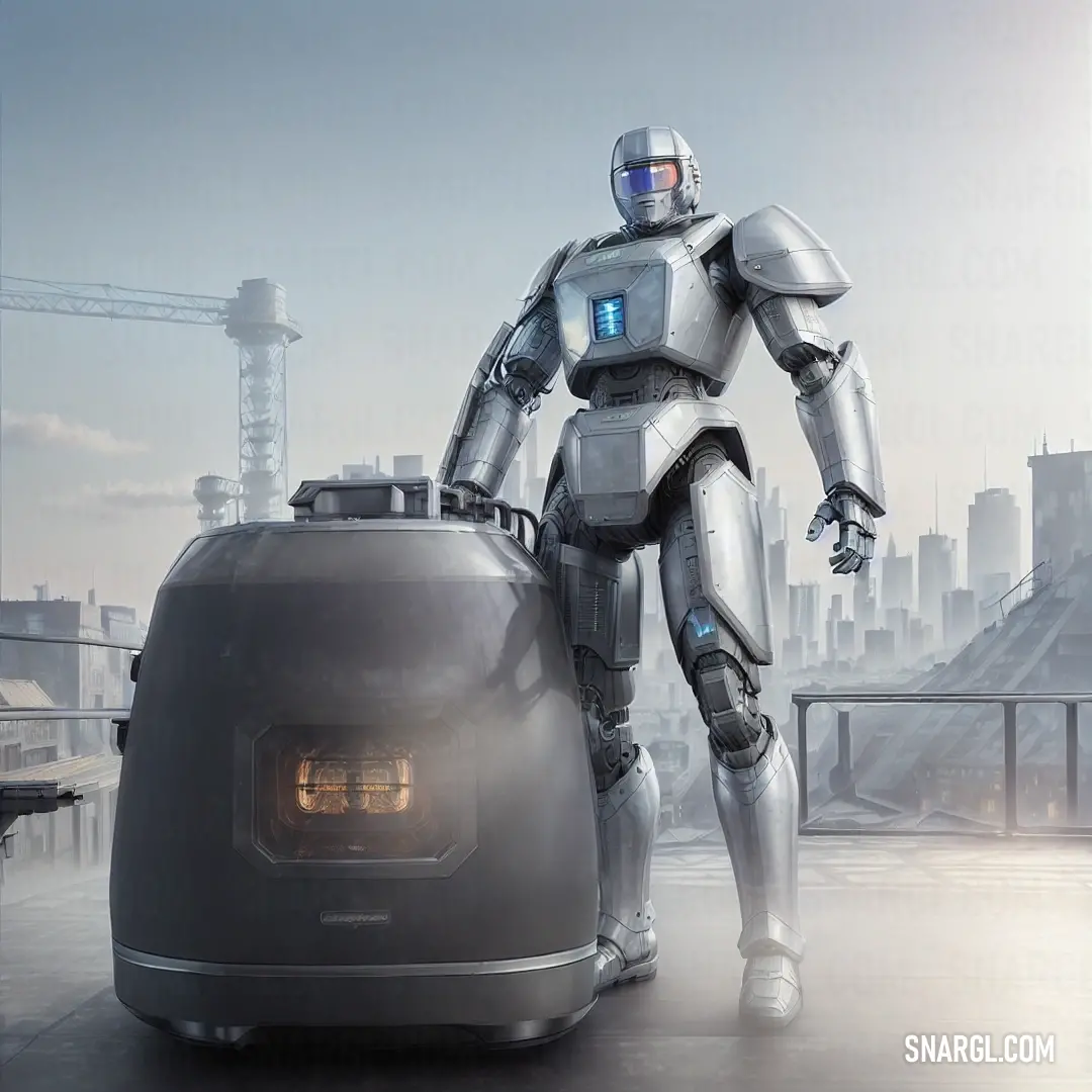 Robot standing next to a large object in a city setting with a city in the background and a man in a suit