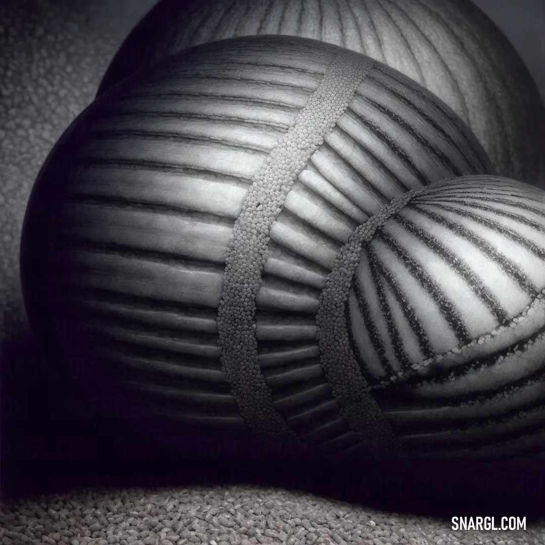 Two black balls are on a carpeted floor with a black background and a black and white photo
