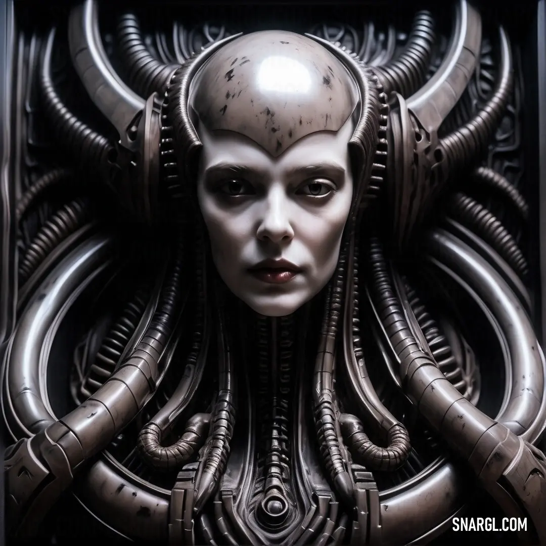 Woman with horns and a head made of metal pipes and wires. Color RGB 83,75,79.
