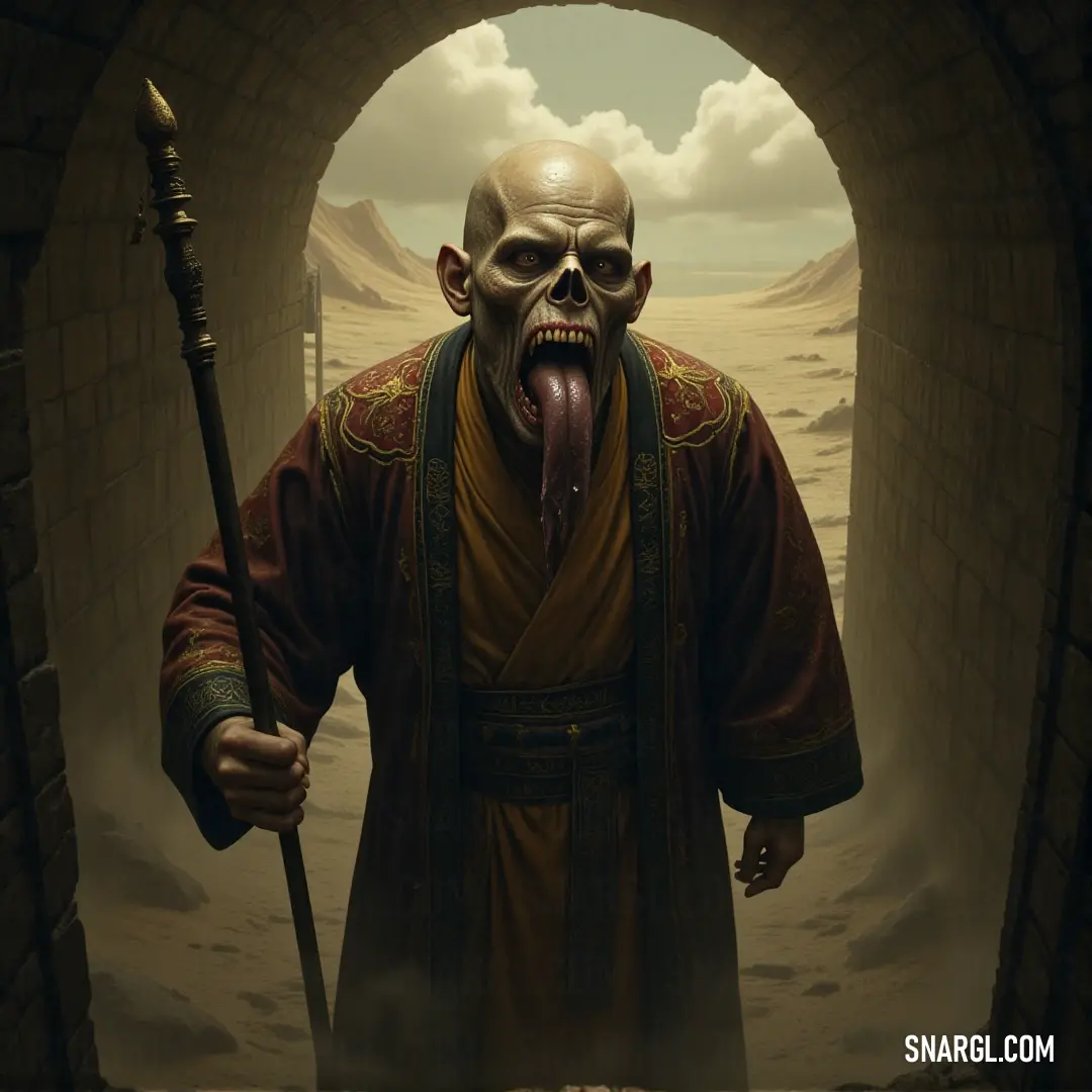 A strange and unnerving living cadaver with an elongated head, a long tongue, and an ominous, twisted expression, captured in an unsettling moment. A living cadaver with an elongated head, a long, twisted tongue, and a sharp, exaggerated nose. Its expression is unsettling as it stands in eerie stillness, casting an ominous presence in the room.