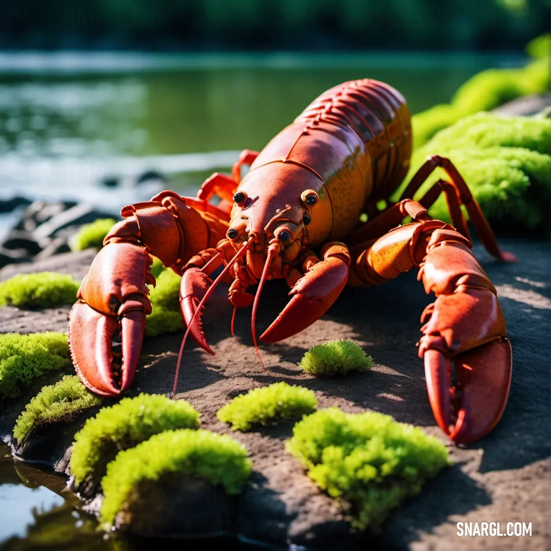 A lobster perches on a large rock near the water's edge, with vibrant grass growing nearby. The rock serves as a natural resting spot as the lobster enjoys its serene environment.