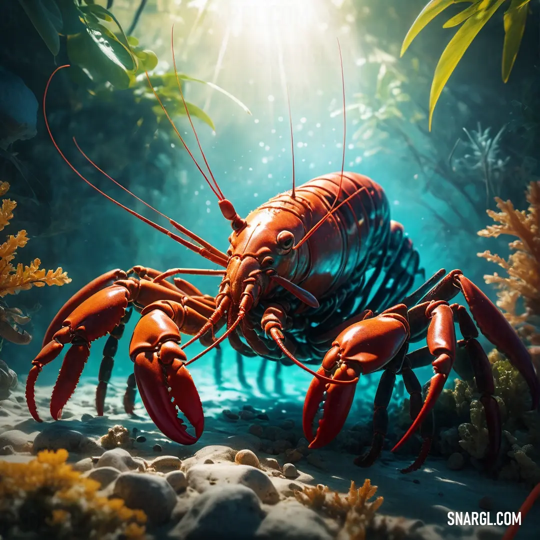 A lobster stands tall in the water, its legs spread wide for balance as it navigates the rocky ocean floor. The clear water and sunlight reflect off its shell, creating a vivid, lively scene.