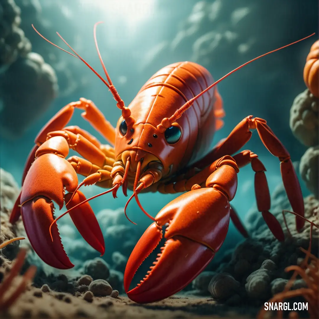 A striking lobster with a large head and powerful legs stands firmly in the water, surrounded by a variety of small creatures. Its striking features dominate the aquatic scene, reflecting the rich marine life nearby.