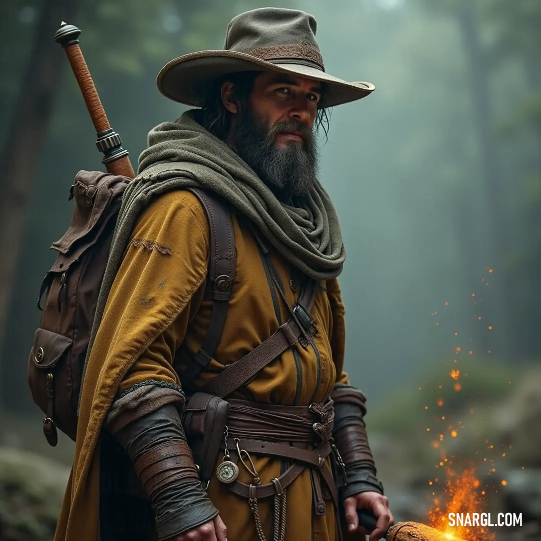 A rugged adventurer in a mystical forest, brandishing a stick and firelight amidst towering trees. A rugged adventurer with a long beard and a weathered hat stands in a mystical forest, gripping a sturdy stick in one hand while the other flickers with firelight, casting shadowy silhouettes among the towering trees.