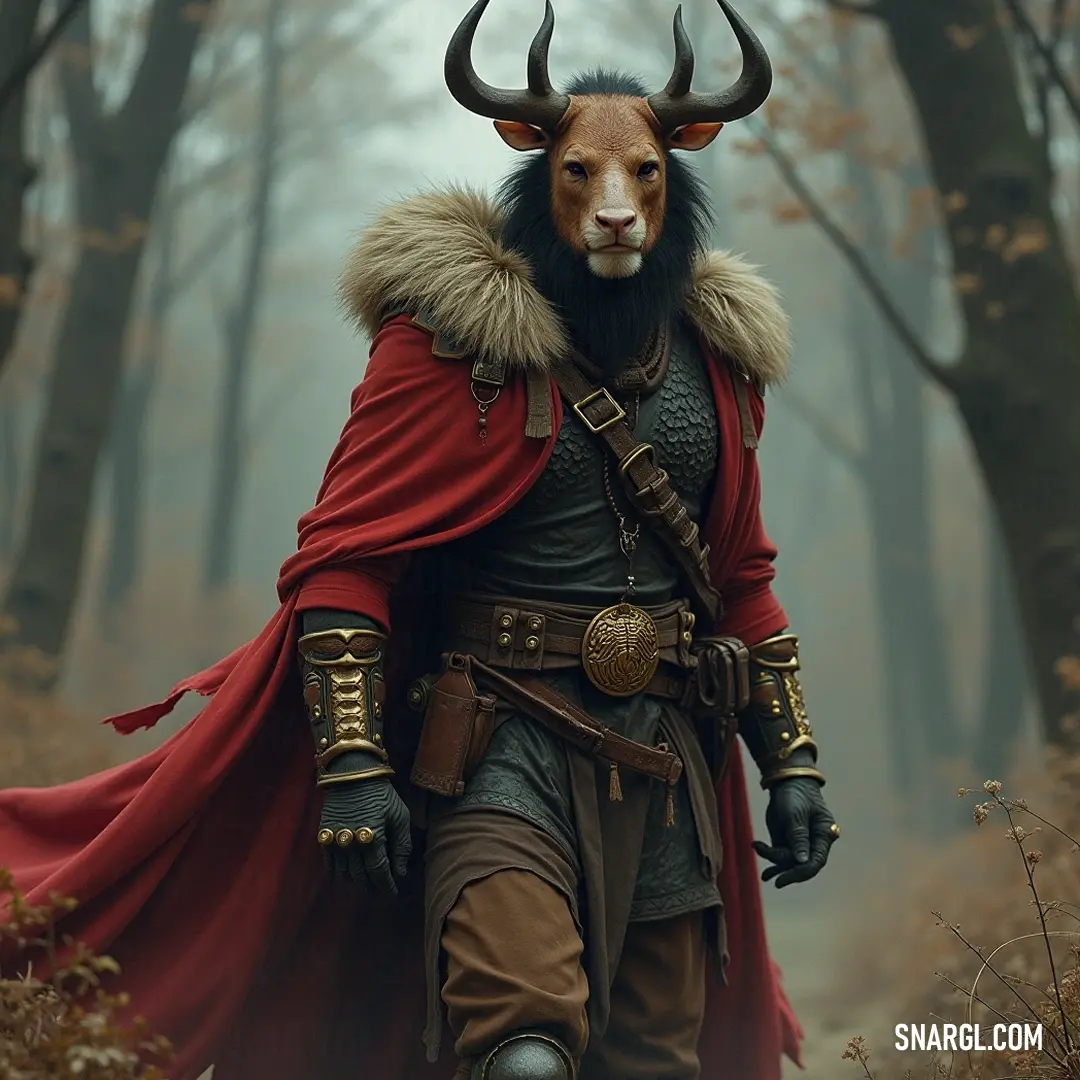 An enigmatic figure in a whimsical forest, adorned with a fantastical costume, blends mystery and magic. An enigmatic figure, draped in a fantastical costume complete with curved horns and a goat's head, wanders through a mystical forest, embodying a blend of whimsy and mystery that enchants the surroundings.
