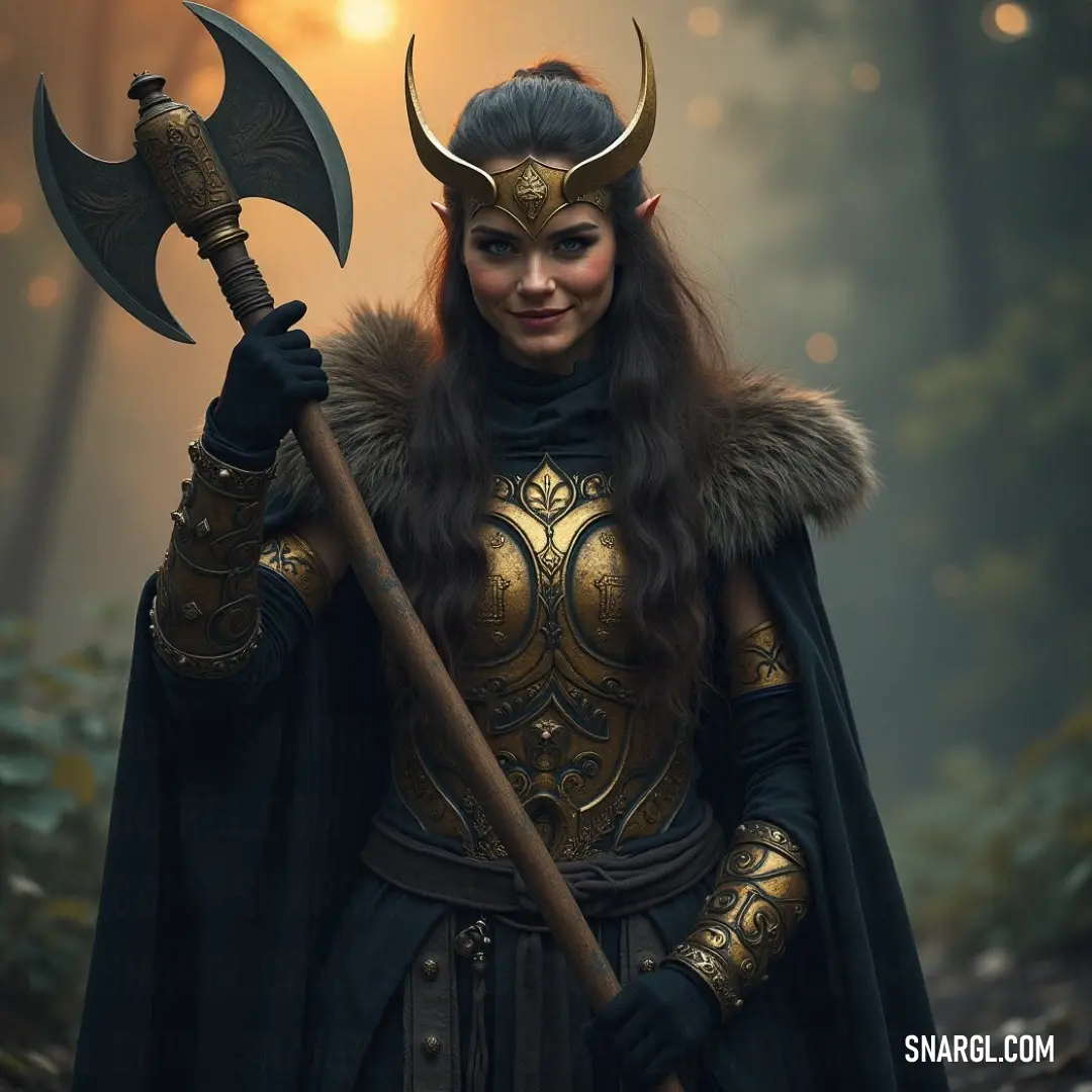A formidable figure in a striking horned costume, wielding a large axe with fierce conviction amidst an atmosphere of legendary valor. A fierce warrior clad in a costumed ensemble featuring a horned headpiece, gripping a massive axe with a fierce determination, set against a backdrop that sparks the imagination and speaks of epic battles and legendary tales.