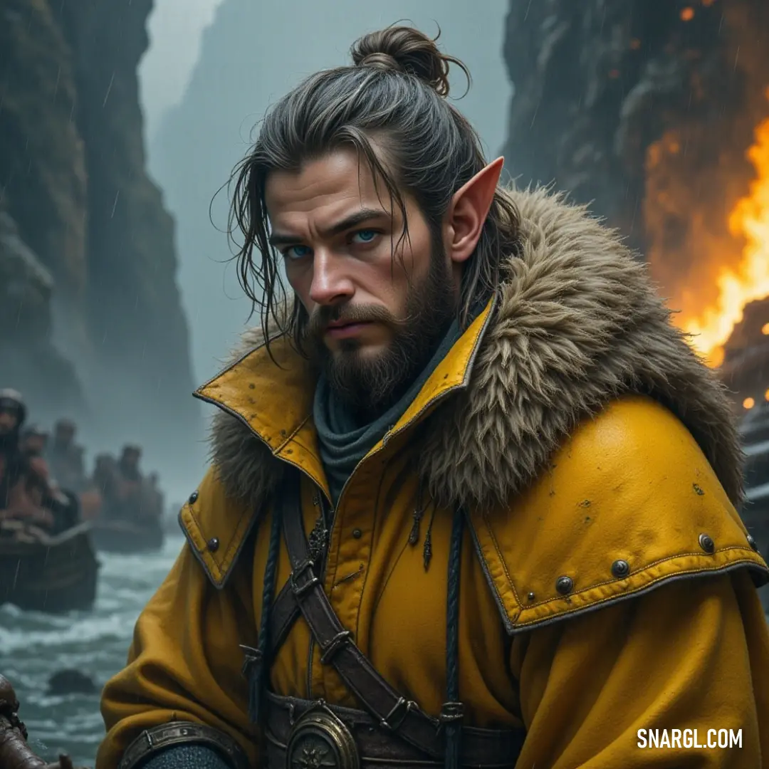 Logen Ninefingers in a striking yellow coat, alongside a diverse group of companions, stands beside a flowing river, capturing the essence of adventure and friendship amidst nature's ever-changing beauty. A rugged figure, Logen Ninefingers, clad in a vibrant yellow coat, stands resolute by a flowing river, surrounded by fellow adventurers. His beard catches the sunlight, revealing traces of a lively spirit, as laughter echoes through the air, permeating th