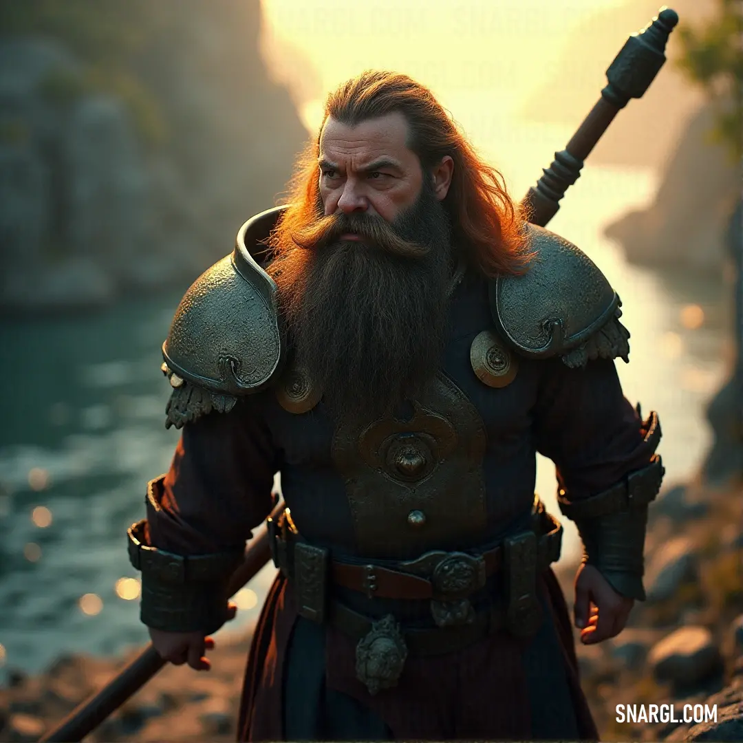 A battle-worn warrior with a long beard grips a sword in one hand while the other rests at his side. His rugged appearance is enhanced by the dense forest and an air of anticipation.
