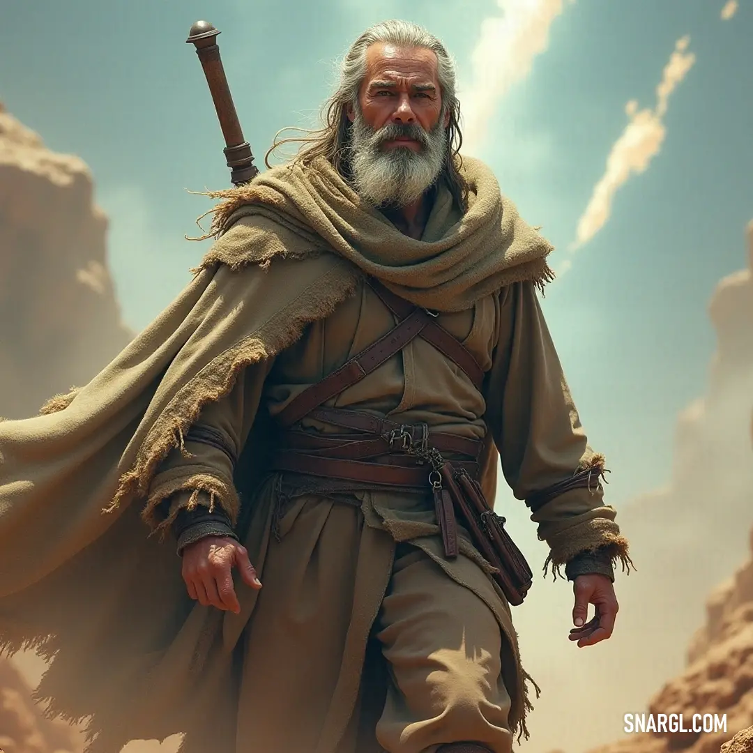 Loka, the Desert Warrior, commands the sands with a sword in hand, donning a flowing robe as he journeys across the endless desert expanse. An enigmatic figure, Loka, with a flowing beard, dressed in a mystical robe, confidently wields a sword while traversing the vast sands of a mystical desert under a blazing sun.