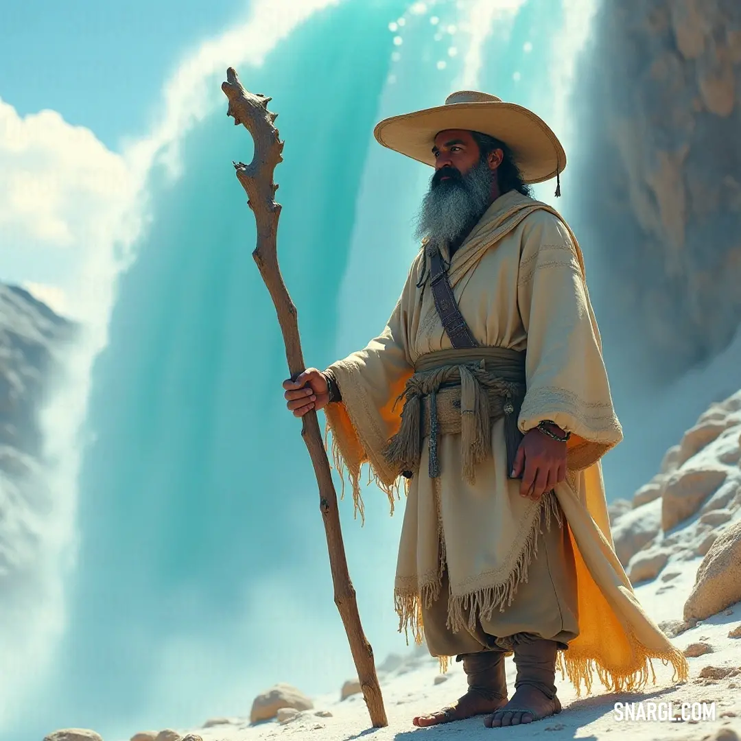 A serene figure in a flowing white robe stands before a cascading waterfall, embodying wisdom and tranquility in nature. Before a majestic waterfall cascading into a serene pond, a wise figure adorned in a flowing white robe and hat holds a staff, symbolizing wisdom and the deep connection to nature surrounding him.