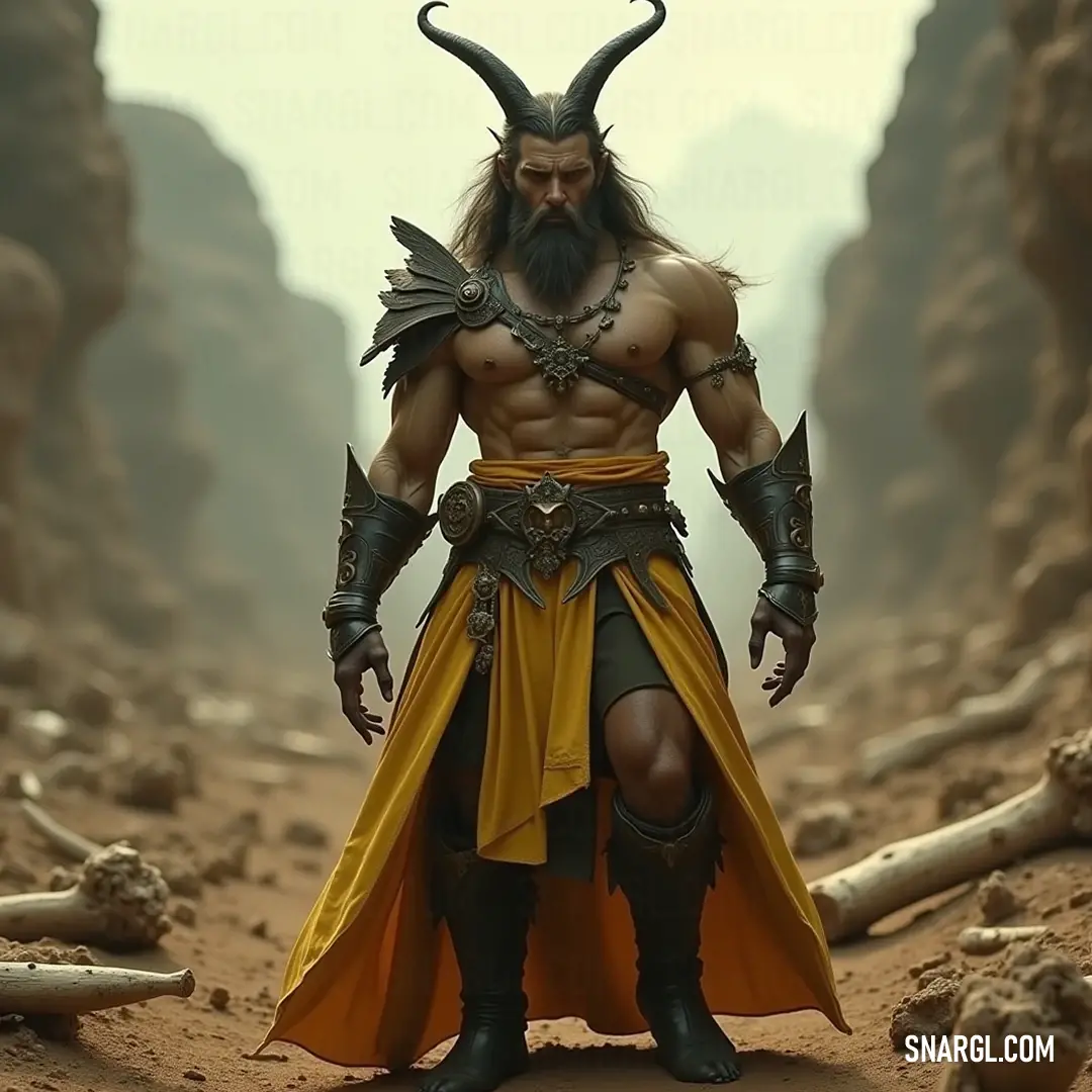 Loki, adorned with majestic horns and a rugged beard, stands resolute in a desolate sandy landscape embellished with scattered stones and driftwood, embodying both mischief and strength.