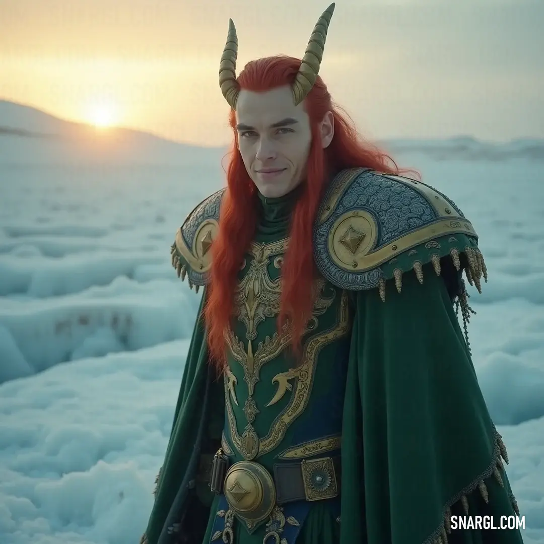 A remarkable figure adorned in green with red hair and horns basks in the breathtaking beauty of a snowy sunset, embodying the essence of adventure and otherworldly charm. A striking figure in bright green attire, with fiery red hair and majestic horns, stands against a snowy landscape, framed by a peaceful sunset that casts warm hues over the scene.