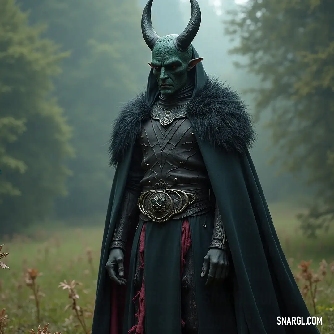 A bold figure in a horned costume, cloaked in a flowing cape, exuding charisma in a sun-drenched field. A charismatic figure in a horned costume and a flowing cape stands proudly in a sunlit field, surrounded by tall grasses and trees, their presence commanding the serene landscape.