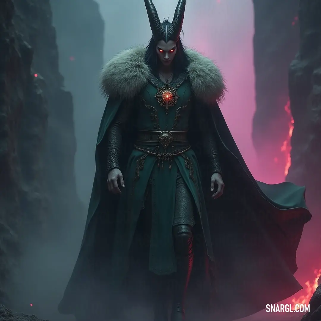 A fierce figure engulfed by the heat of lava in a cave, adorned in a striking horned costume and dramatic cape. Standing amidst swirling lava in a dramatic cave, a formidable figure clad in a horned costume and flowing cape strikes a powerful pose, eyes filled with determination.