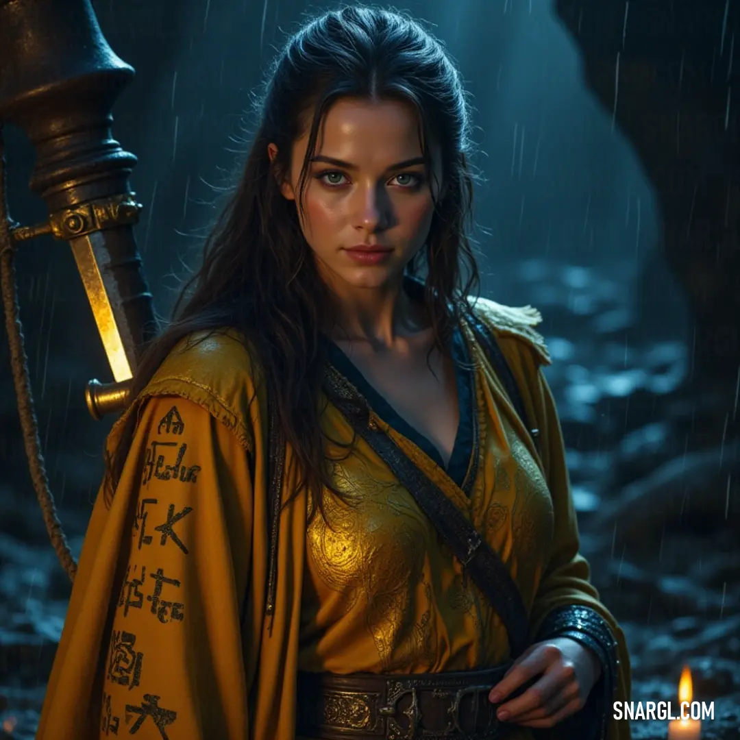 A courageous figure in a vibrant yellow dress holds a sword against the rain, the soft glow of a candle behind them, portraying a moment of strength and resolve. A valiant figure dressed in a flowing yellow gown, sword drawn, stands resolute in the rain, the soft glow of a candle illuminating the scene, symbolizing courage amidst adversity.