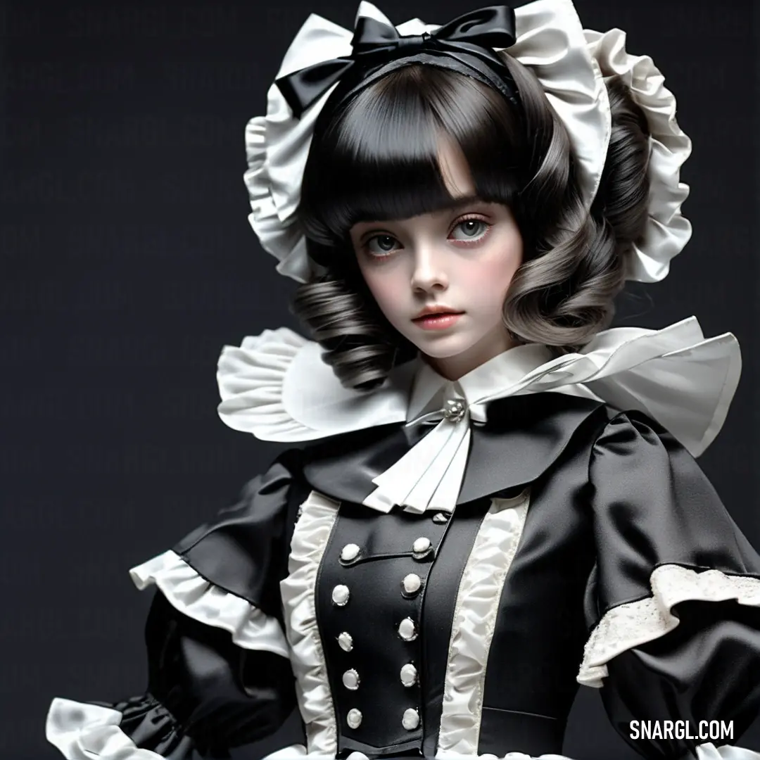 Doll dressed in a black and white dress with a bow in her hair and a black and white dress