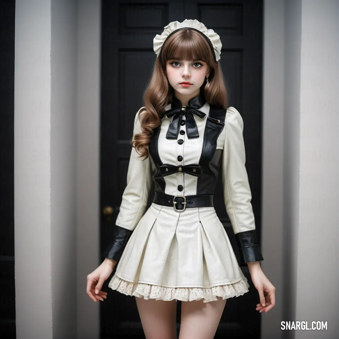 Doll dressed in a white and black outfit and a black bow tie and boots is standing in front of a door