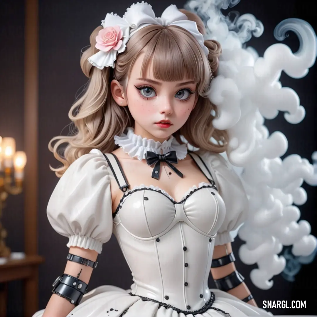 Doll is dressed in a white dress and a flower in her hair is on a table with a candle