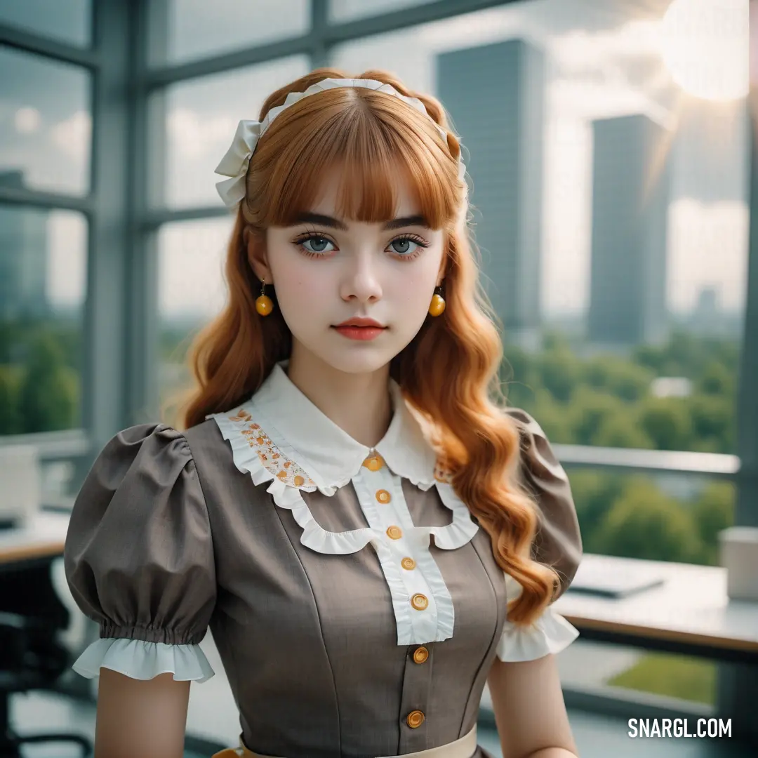 Doll is standing in front of a window with a city view behind her and a building in the background