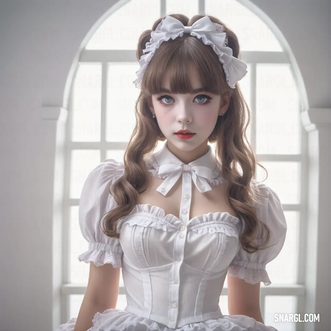 Doll is wearing a white dress and a bow tie with a white collar and white skirt