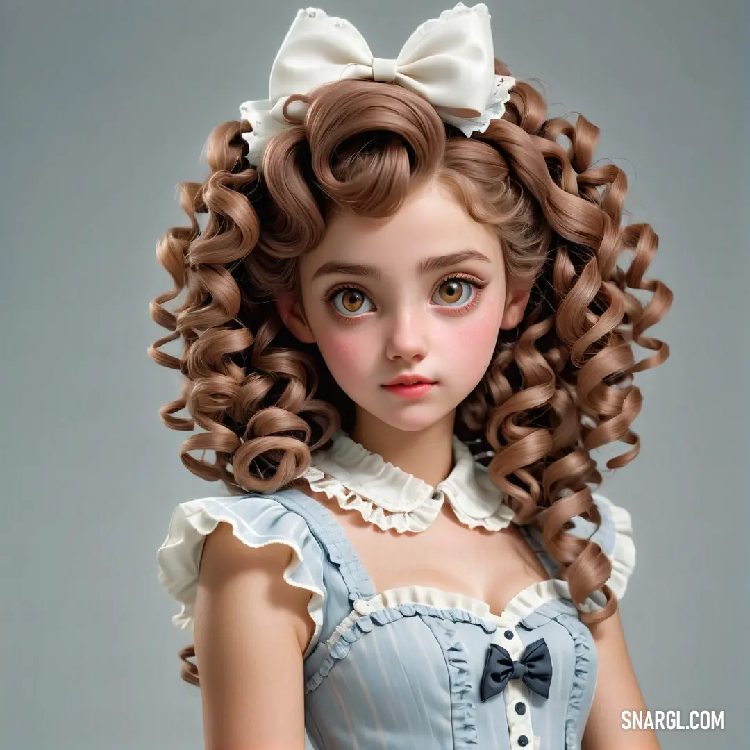 Doll with a big curly hair and a bow in her hair is posed for a picture with a gray background