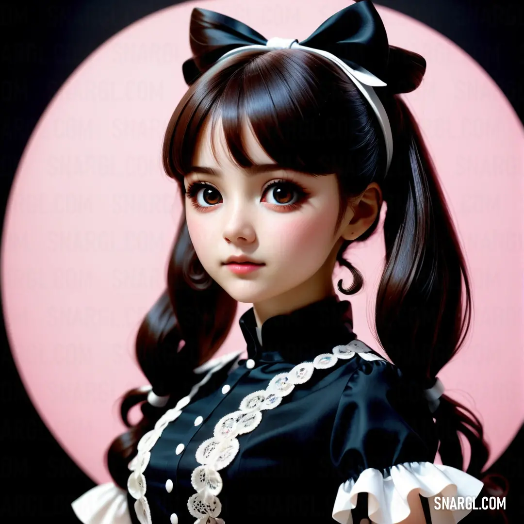 Doll with a black dress and a bow in her hair and a pink circle behind her is a pink circle