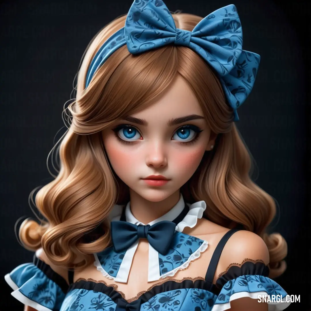 Doll with a blue dress and a bow in her hair is posed for a picture with a black background