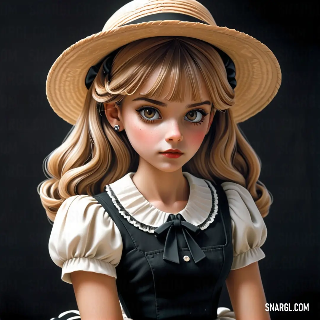 Doll with a hat and dress on down with a handbag in her lap and a black background