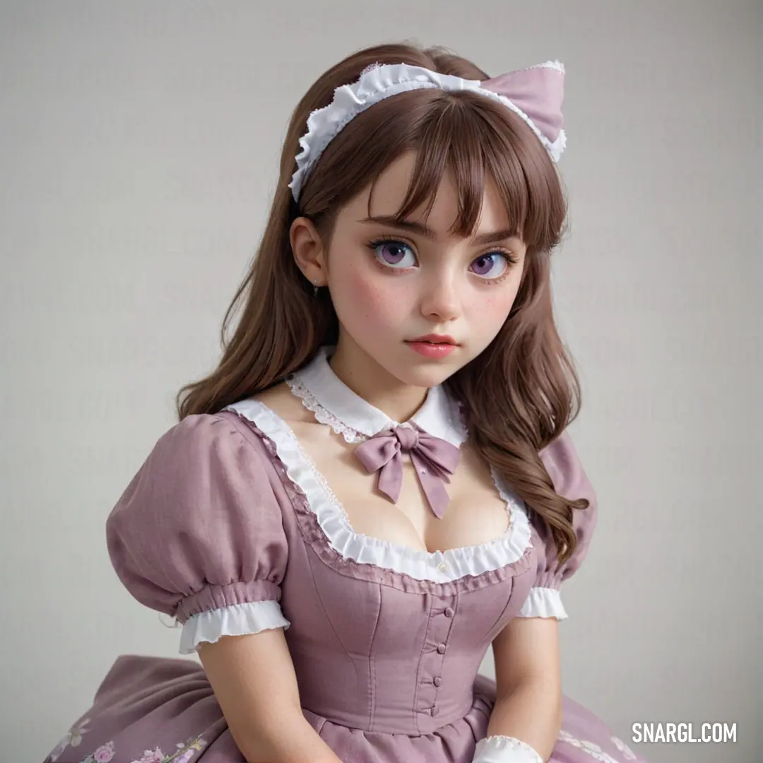 Doll with a pink dress and a white collared shirt and a pink bow tie