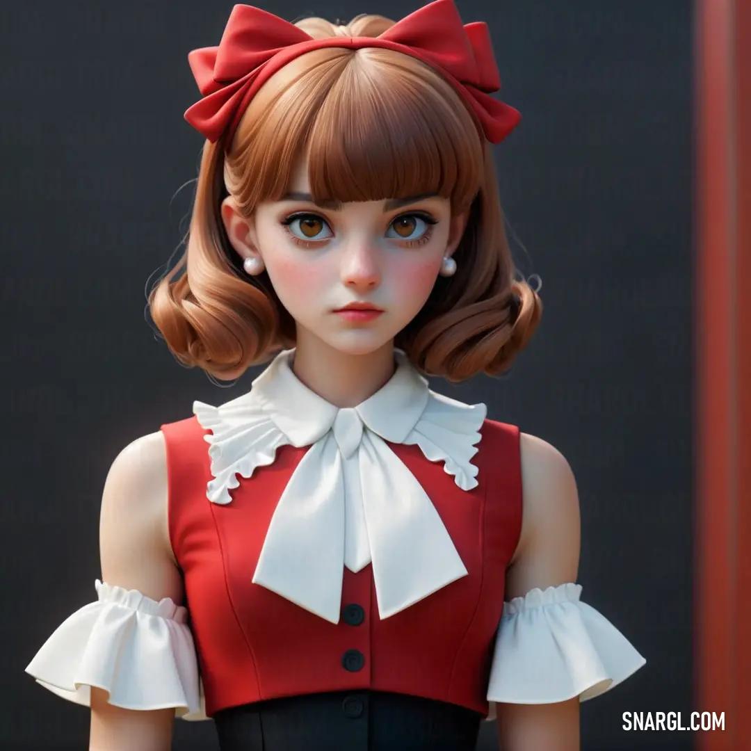Doll with a red dress and a bow in her hair and a red bow in her hair