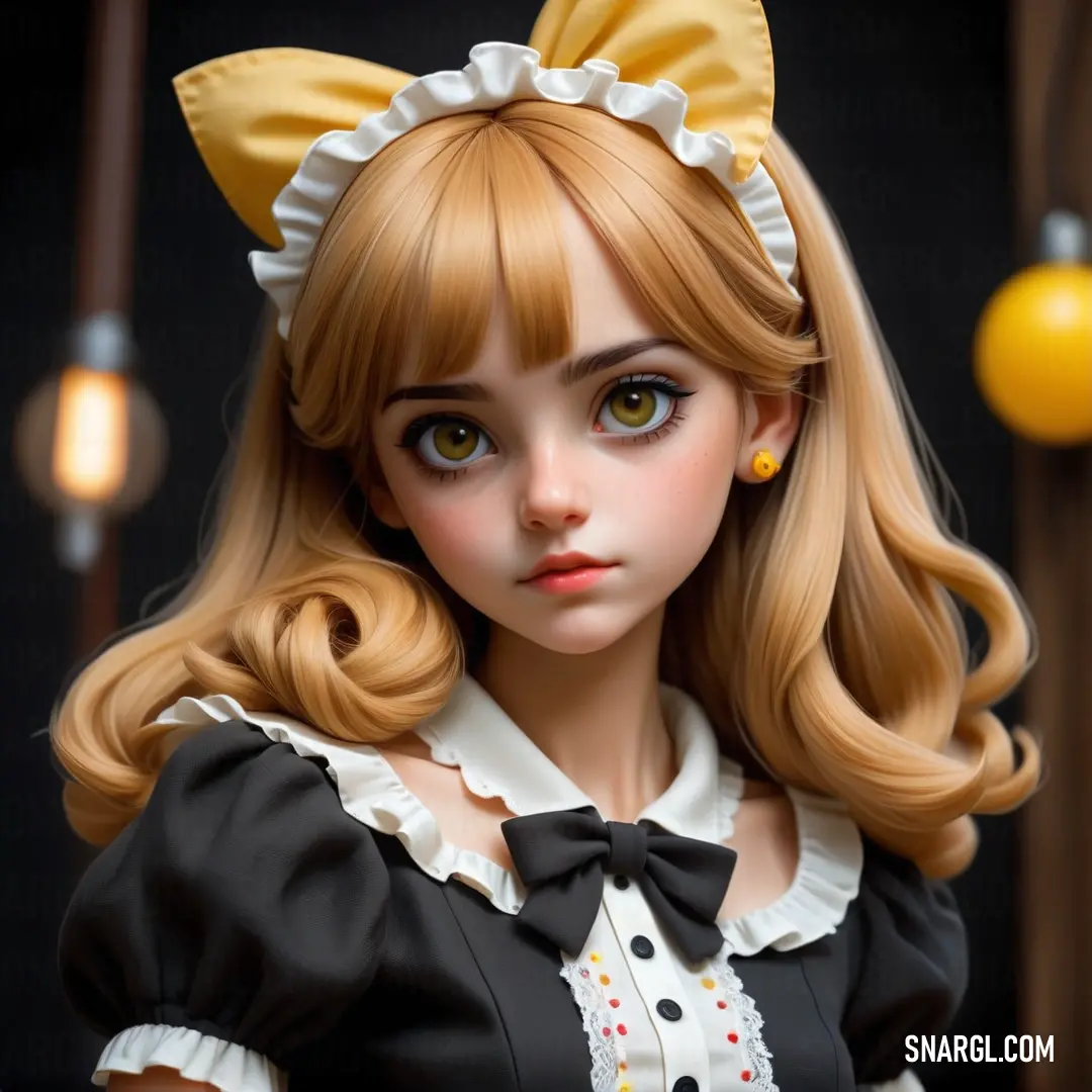 Doll with blonde hair and a black dress with a bow on it's head and a yellow bow around her neck