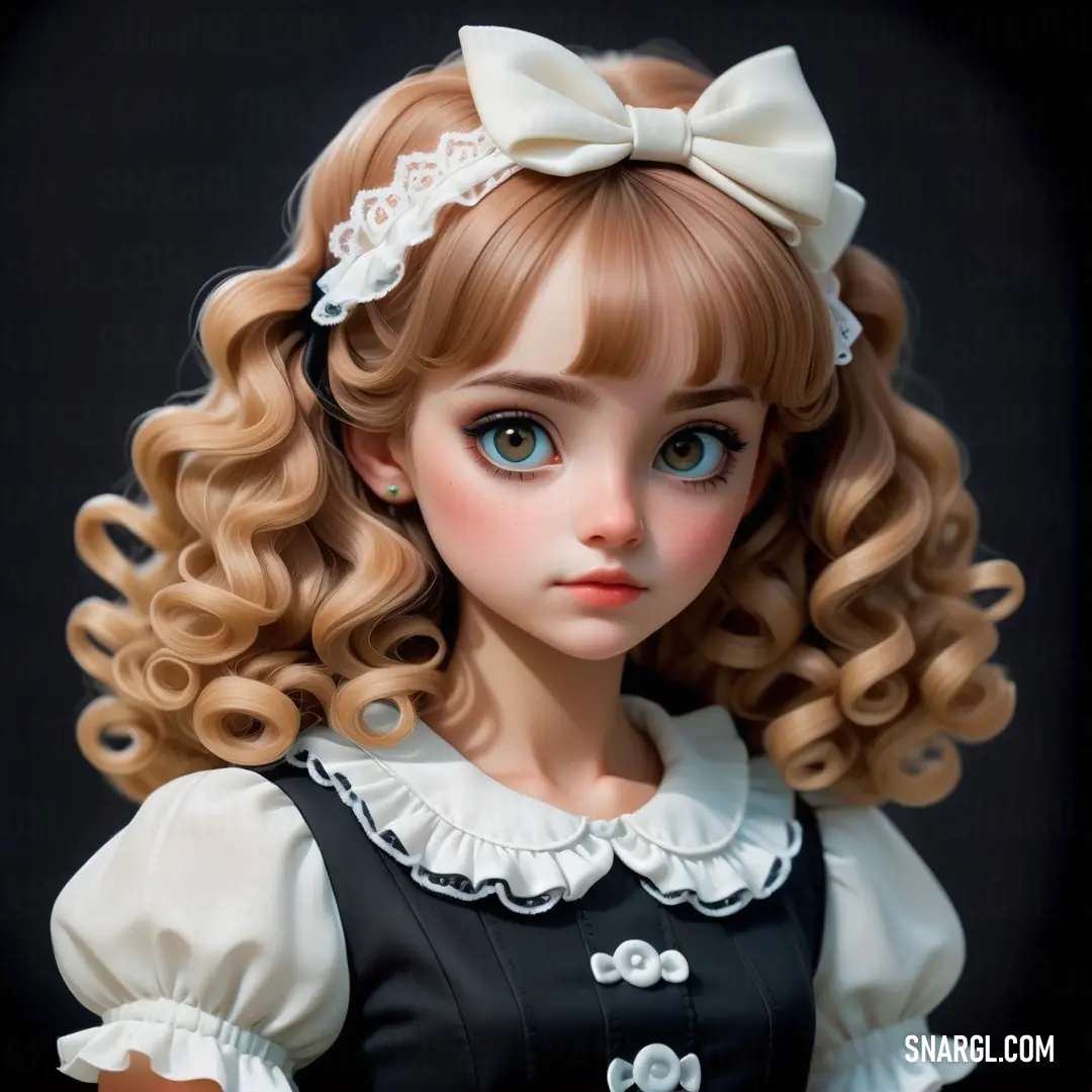 Doll with blonde hair and a white bow in her hair and a black dress