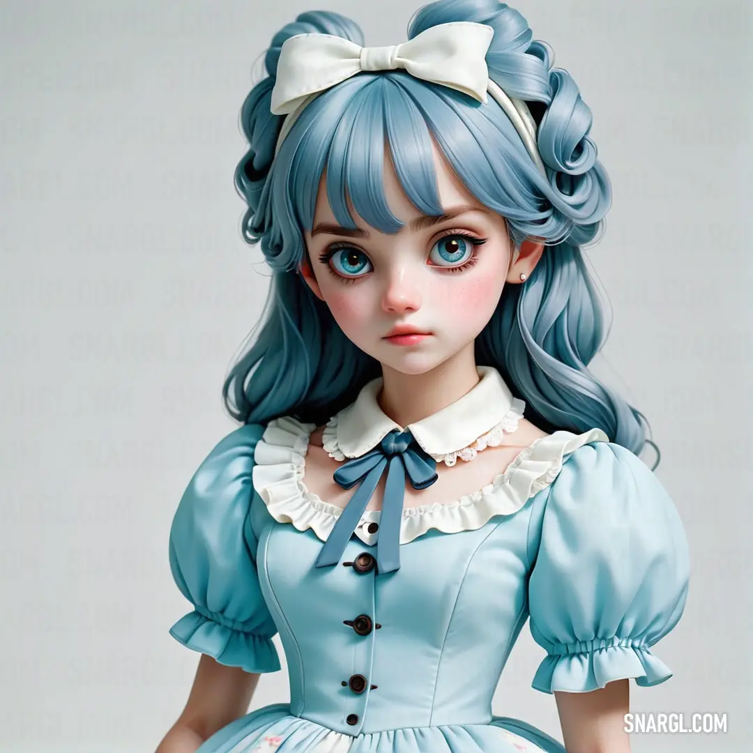 Doll with blue hair and a bow in her hair is wearing a blue dress and a white collar