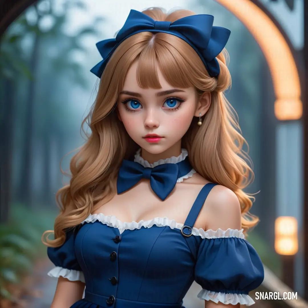 Doll with long blonde hair wearing a blue dress and a bow tie