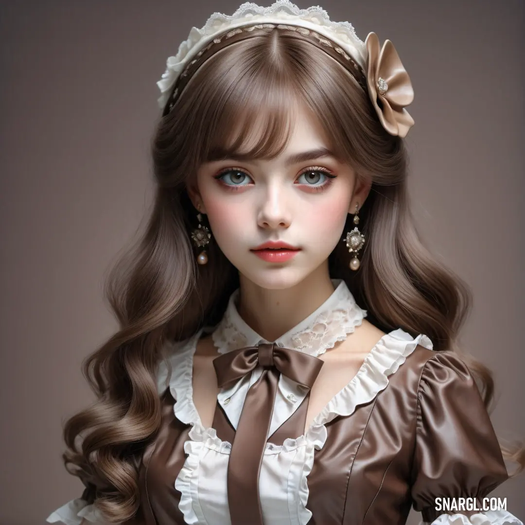Doll with long hair wearing a brown dress and a brown bow tie and earrings