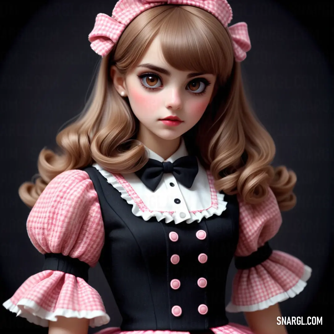 Doll with long hair wearing a pink and black dress and a bow tie and a black background