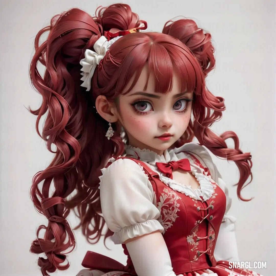 Doll with long red hair and a white dress with a bow in her hair
