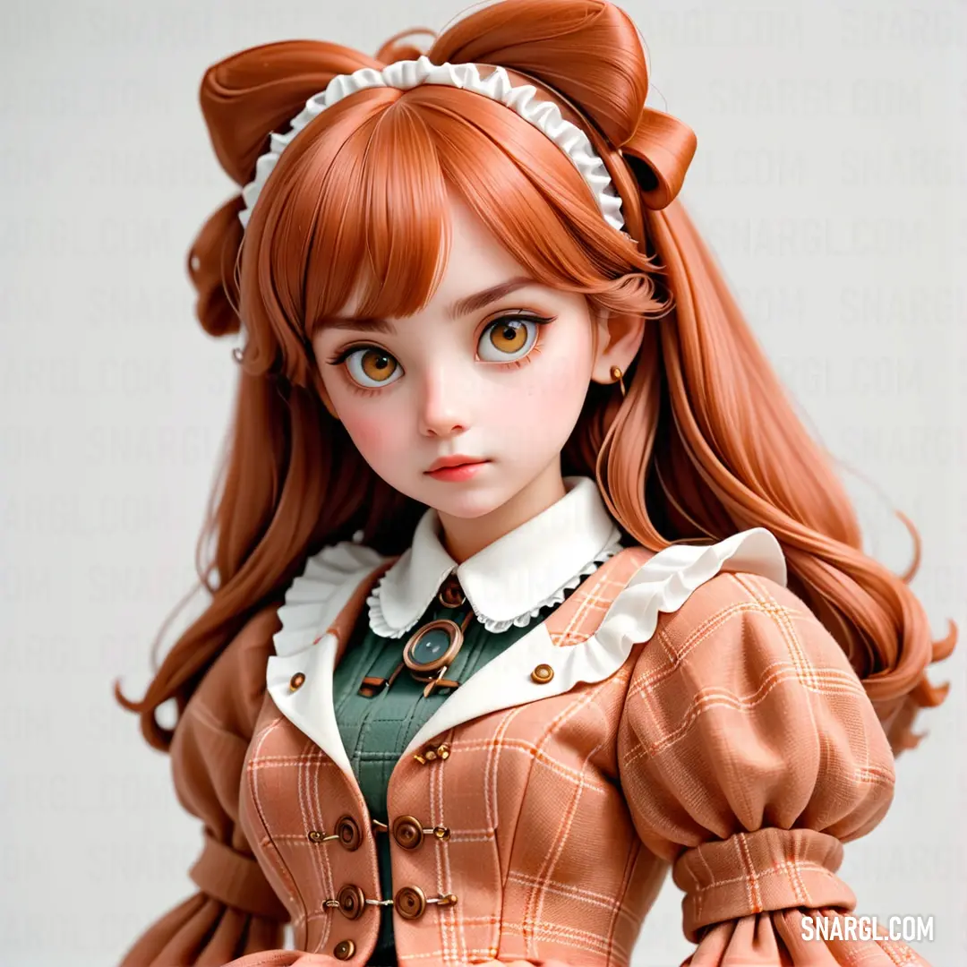 Doll with long red hair and a green dress is posed for a picture with a white background
