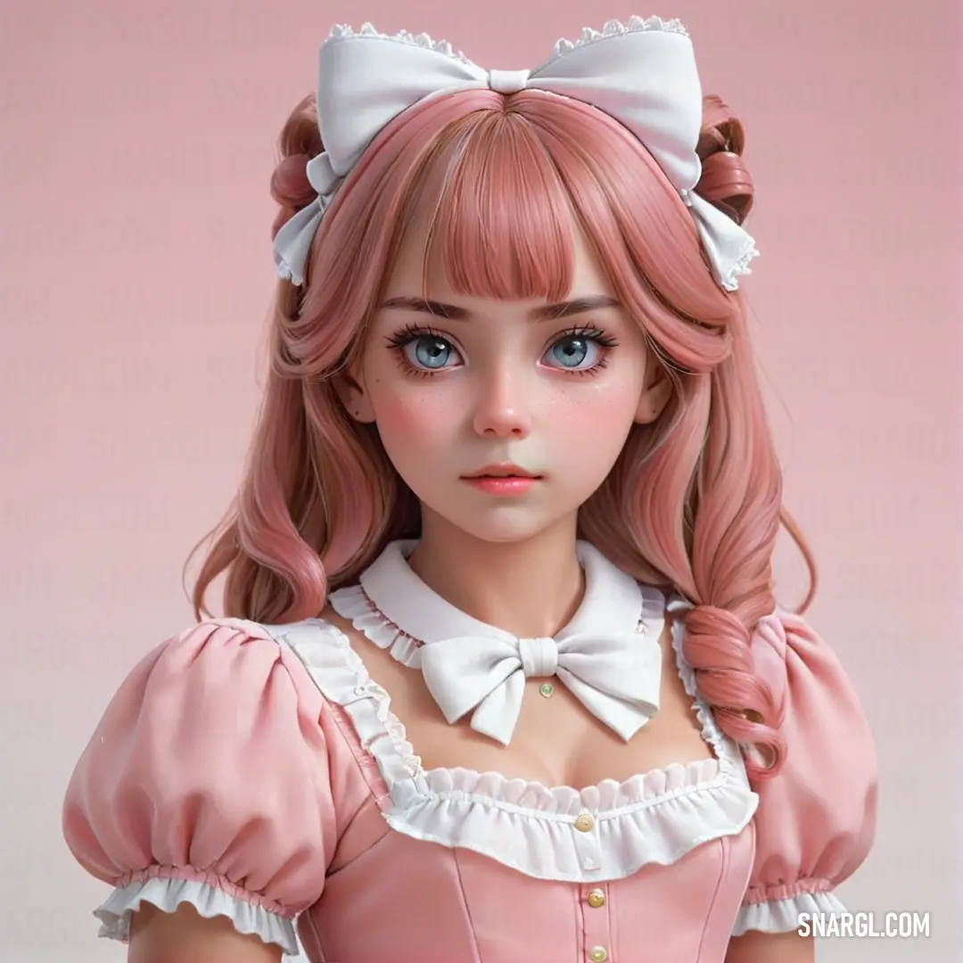 Doll with pink hair and a white bow in a pink dress with a pink background