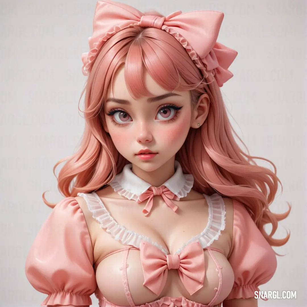 Doll with pink hair and a pink dress with a bow on it's head and a pink bow around her neck