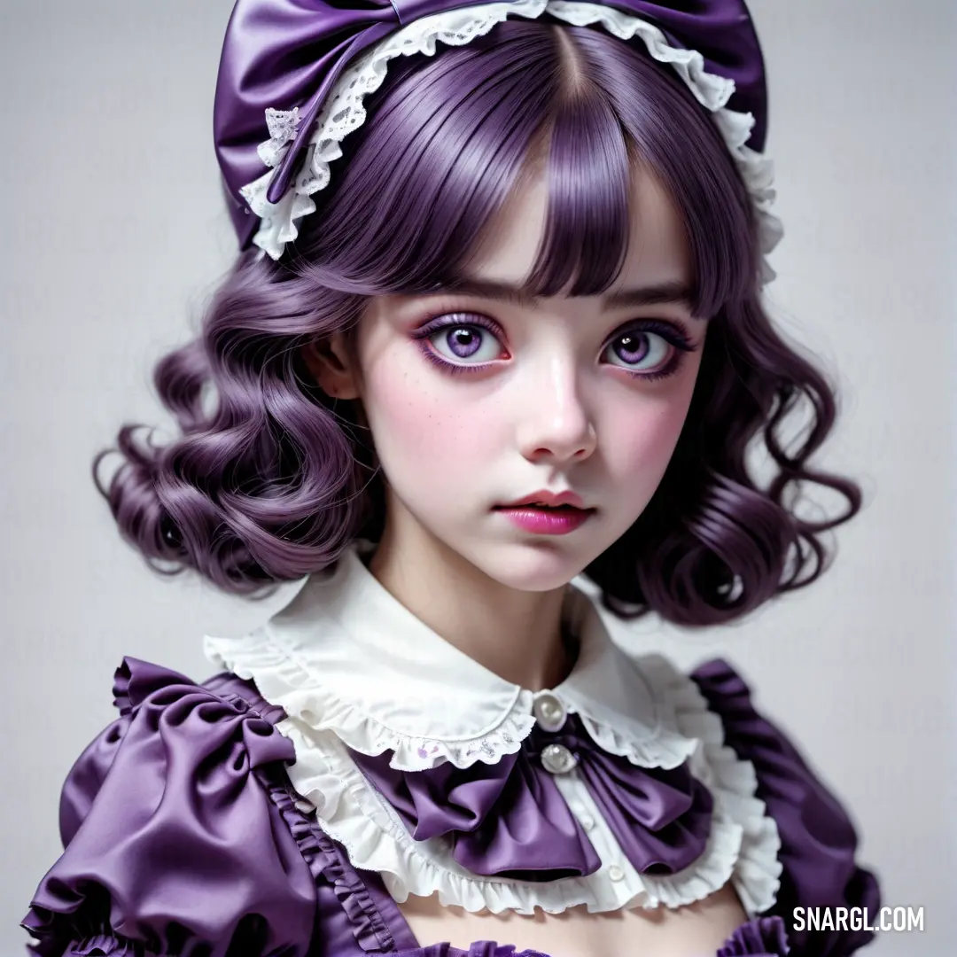 Doll with purple hair and a purple dress with a bow on it's head and a purple dress with white collar