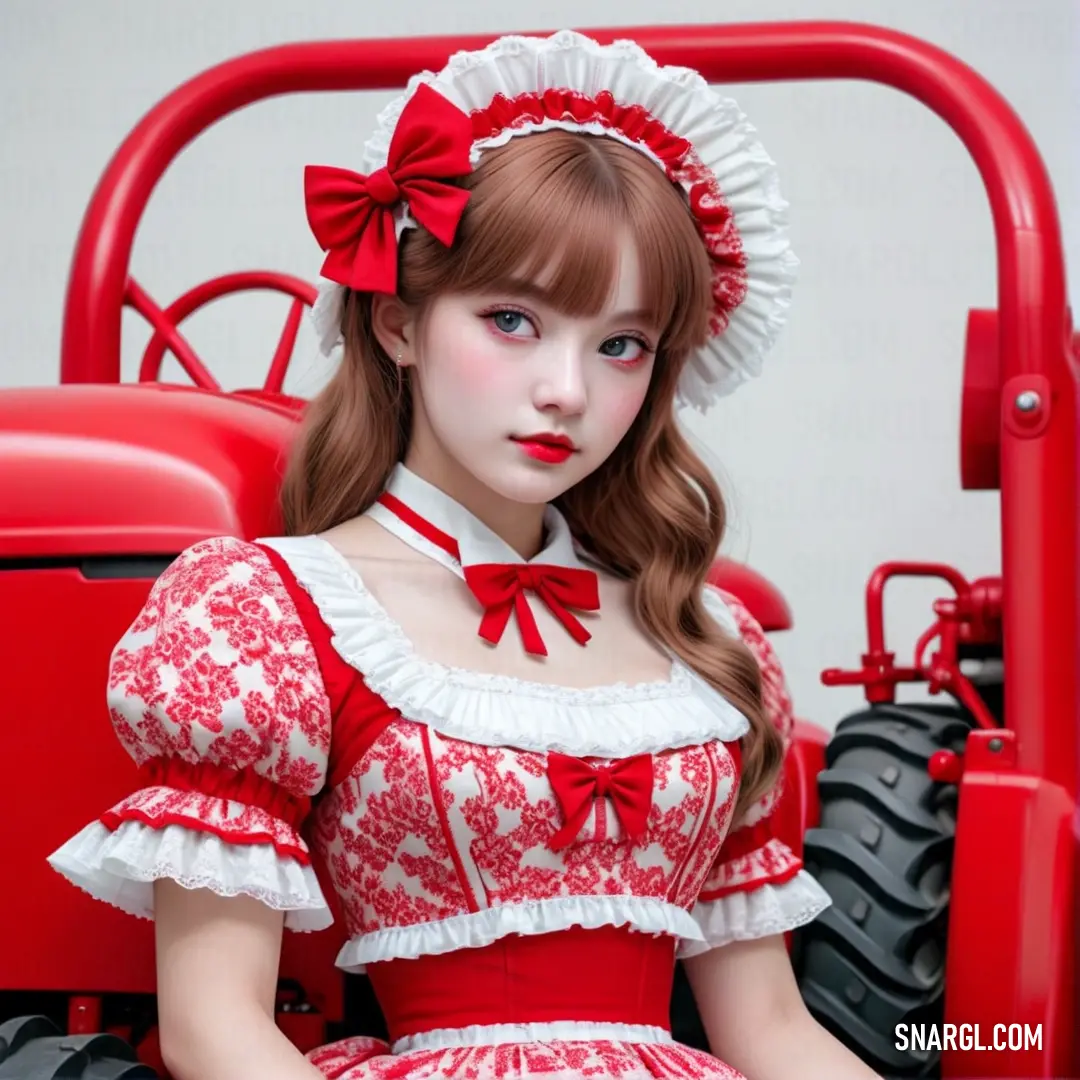 Girl in a red dress on a tractor with a red hat on her head and a red