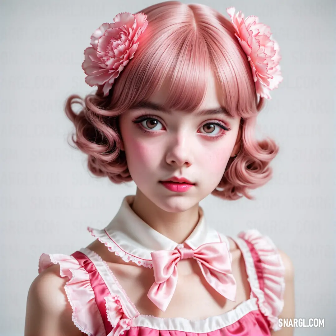 Girl with pink hair and a pink dress with a bow in her hair