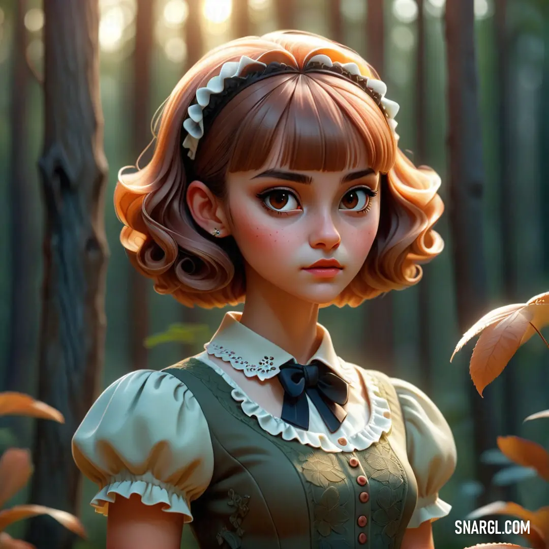 Painting of a girl in a forest with leaves in her hair and a dress with a bow on it