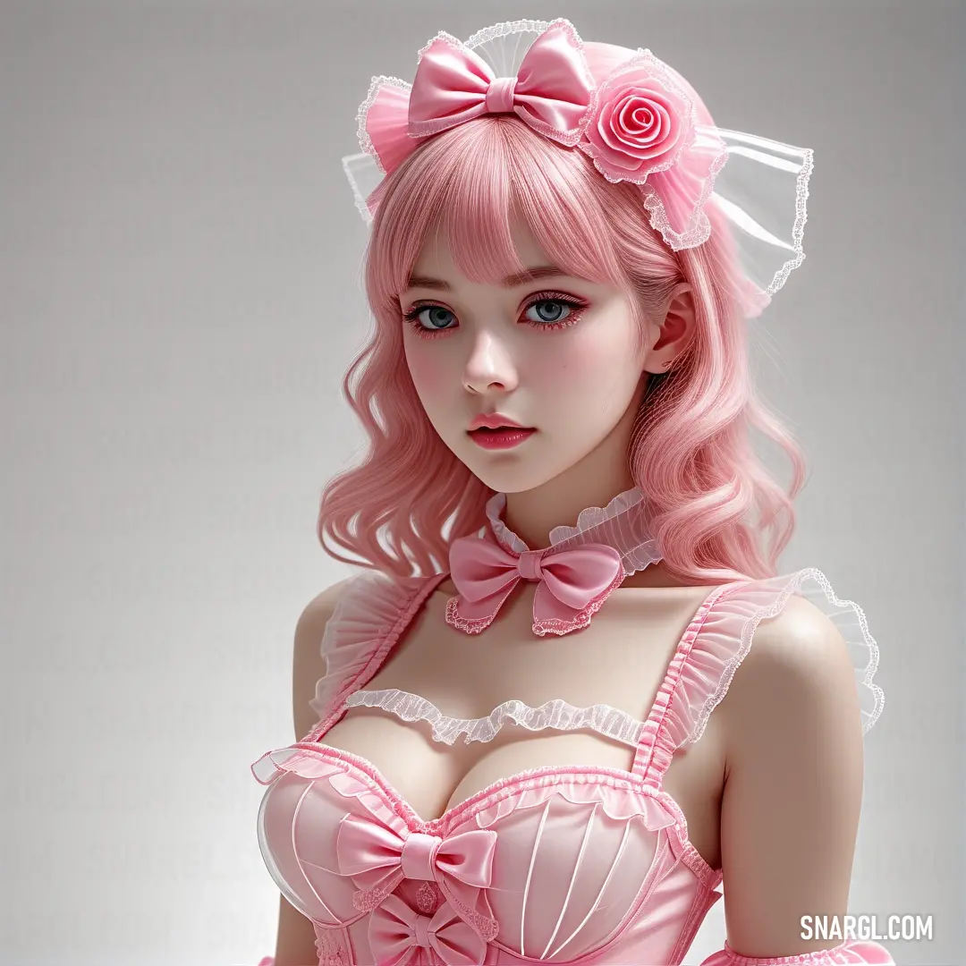 Pink haired girl with pink hair and a pink dress with a rose on it's head