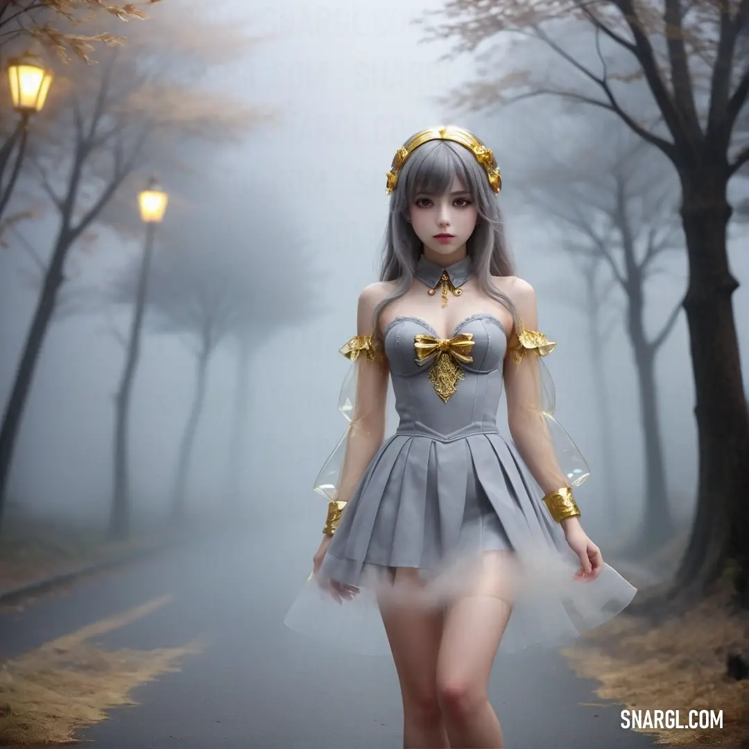 Woman in a costume is walking down a road in the foggy woods with a lantern light on her head