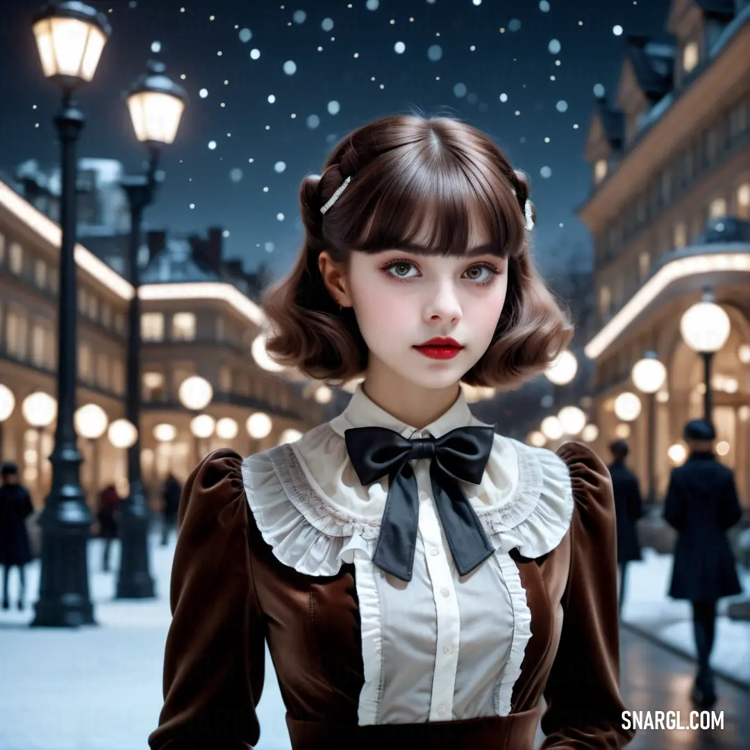 Woman in a dress and bow tie standing in a street at night with snow falling on the ground