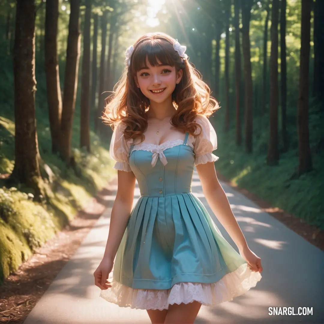 Woman in a dress is walking down a path in the woods with a smile on her face