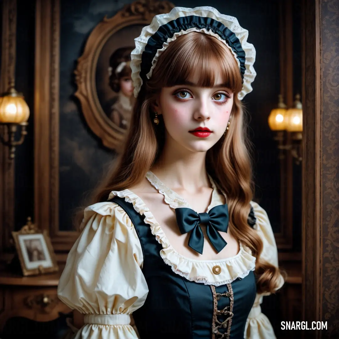 Woman in a dress with a bow in her hair and a large necklace on her neck and a mirror behind her