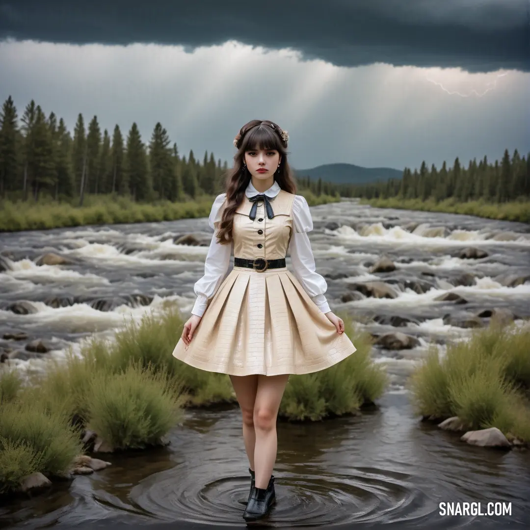 Woman in a dress standing in a river with a cloudy sky in the background